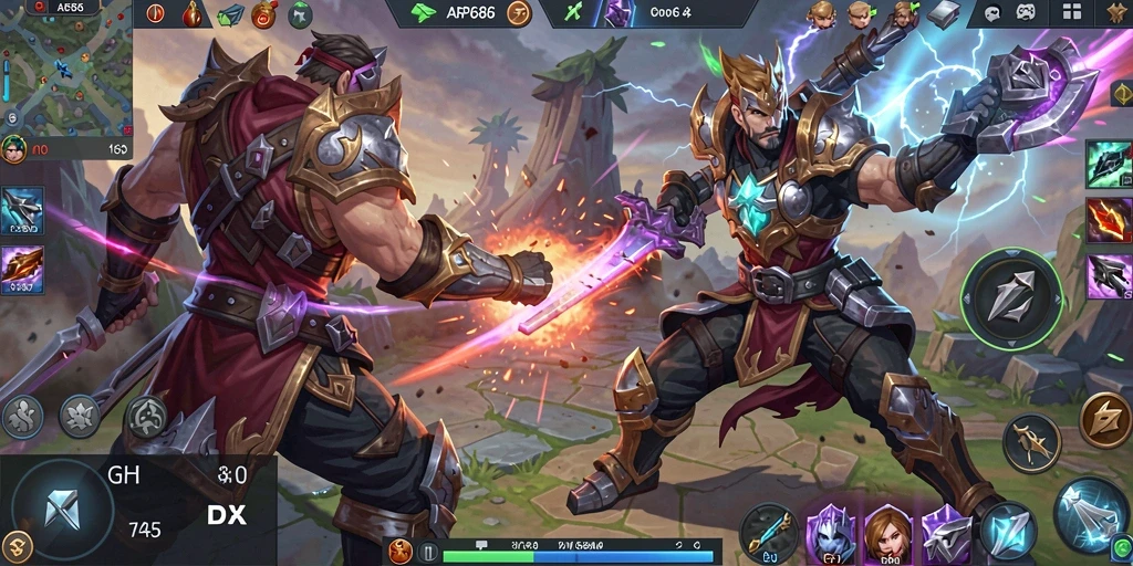 Tampilan dinamis pertarungan MOBA di AP686 saat gameplay.