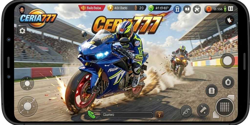 Tangkapan layar gameplay CERIA777 menampilkan aksi balap motor yang mendebarkan.