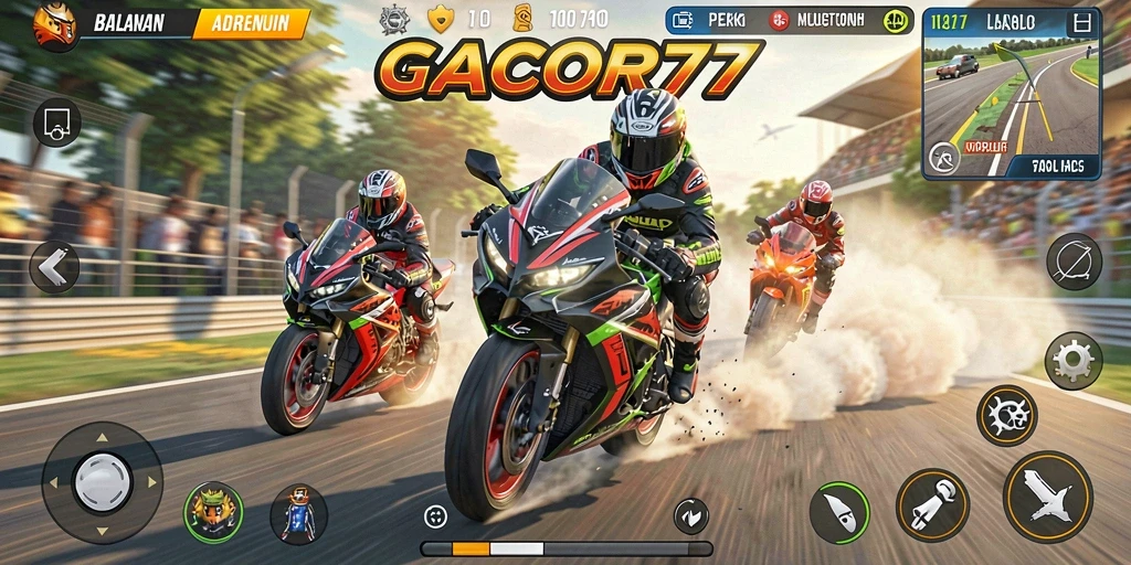 Screenshot gameplay GACOR77 yang menampilkan balapan motor seru.