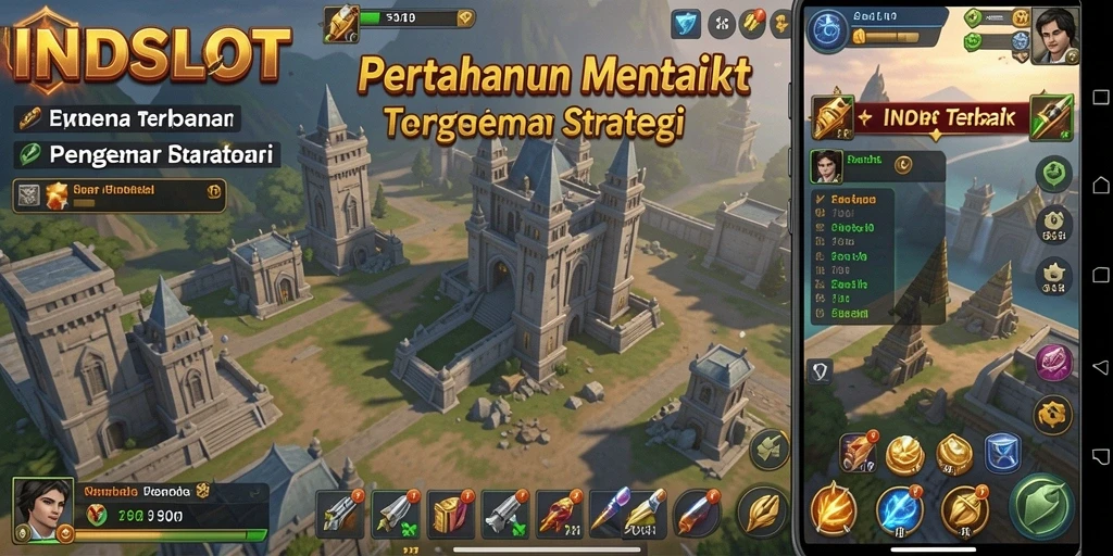 Screenshot gameplay INDSLOT yang menampilkan pertarungan menara Tower Defense.