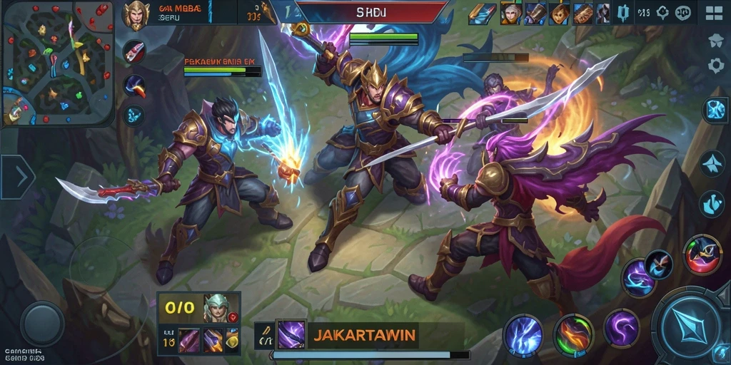 Screenshot gameplay JAKARTAWIN yang menunjukkan pertempuran seru di arena.