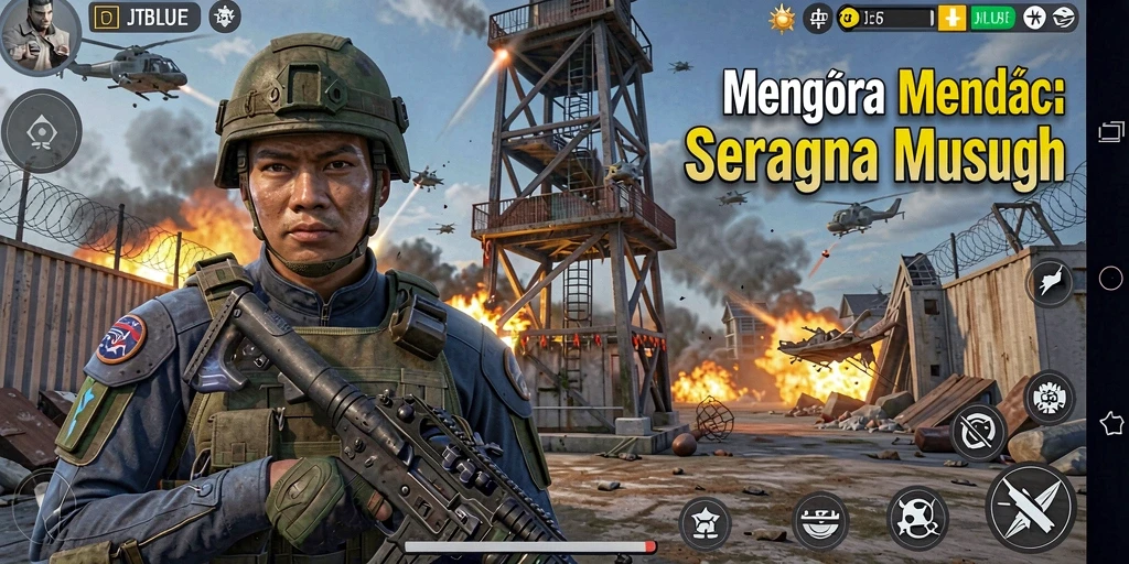 Screenshot JTBLUE menampilkan aksi seru dalam permainan Tower Defense.