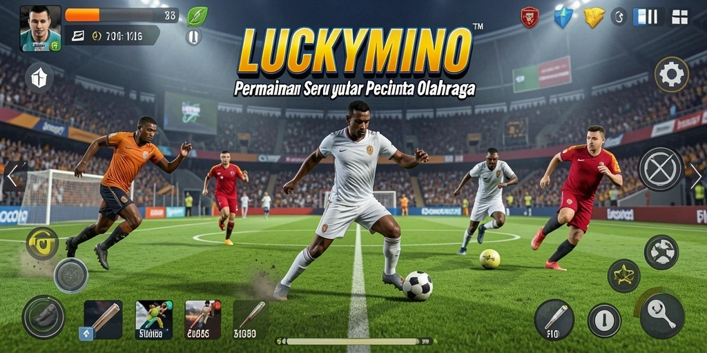 Tangkapan layar utama LUCKYMINO menunjukkan para pemain dalam aksi olahraga yang seru.