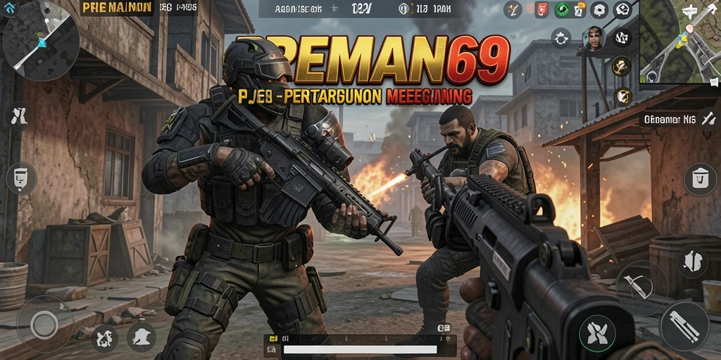 Tangkapan layar utama PREMAN69 menunjukkan aksi seru dalam gameplay FPS.