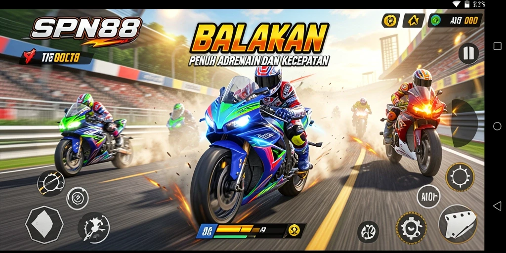 Screenshot gameplay SPN88 dengan aksi balapan motor yang mendebarkan.
