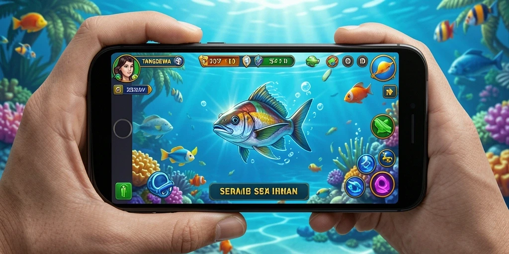 Tangkapan layar utama gameplay TANGANDEWA saat menembak ikan.
