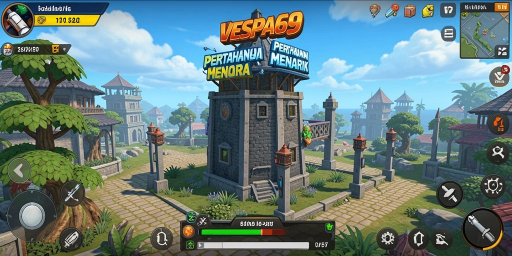 Tampilan gameplay yang mendebarkan di VESPA69 dengan menara yang beragam.